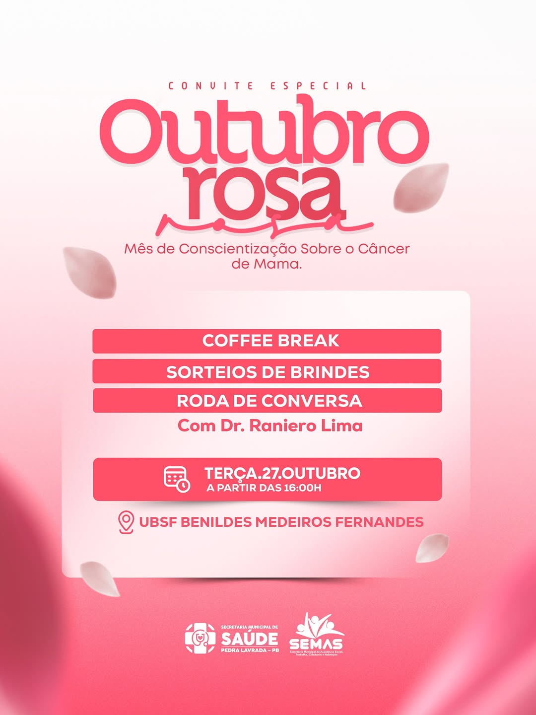 Secretaria de Saúde de Pedra Lavrada promove ação do Outubro Rosa